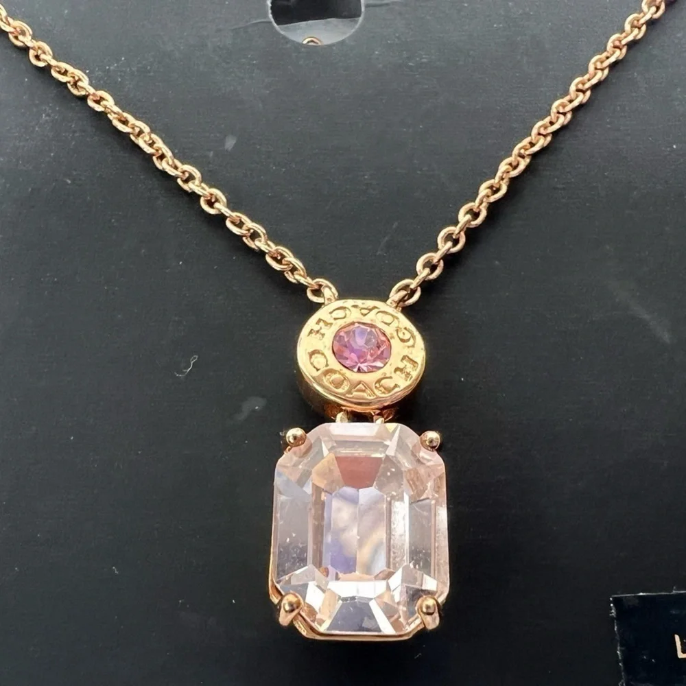 COACH PINK ROSE GOLD EMERALD CUT CRYSTAL NECKLACE (COACH F73037)